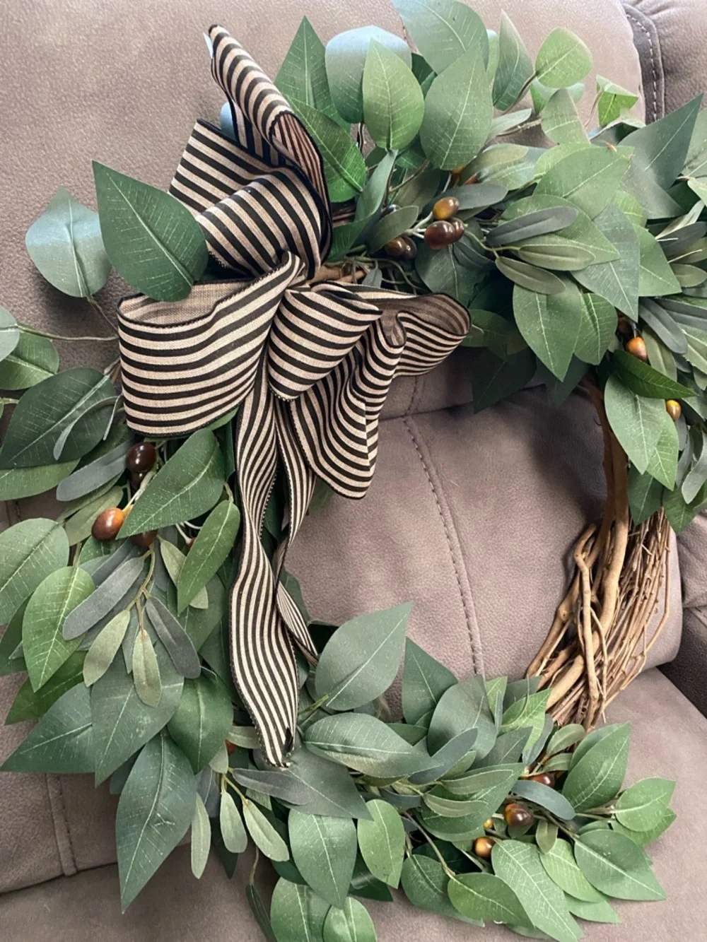 Green Willow Leaf Door Hanging Wreath with Striped Bow - Picture 2 of 5